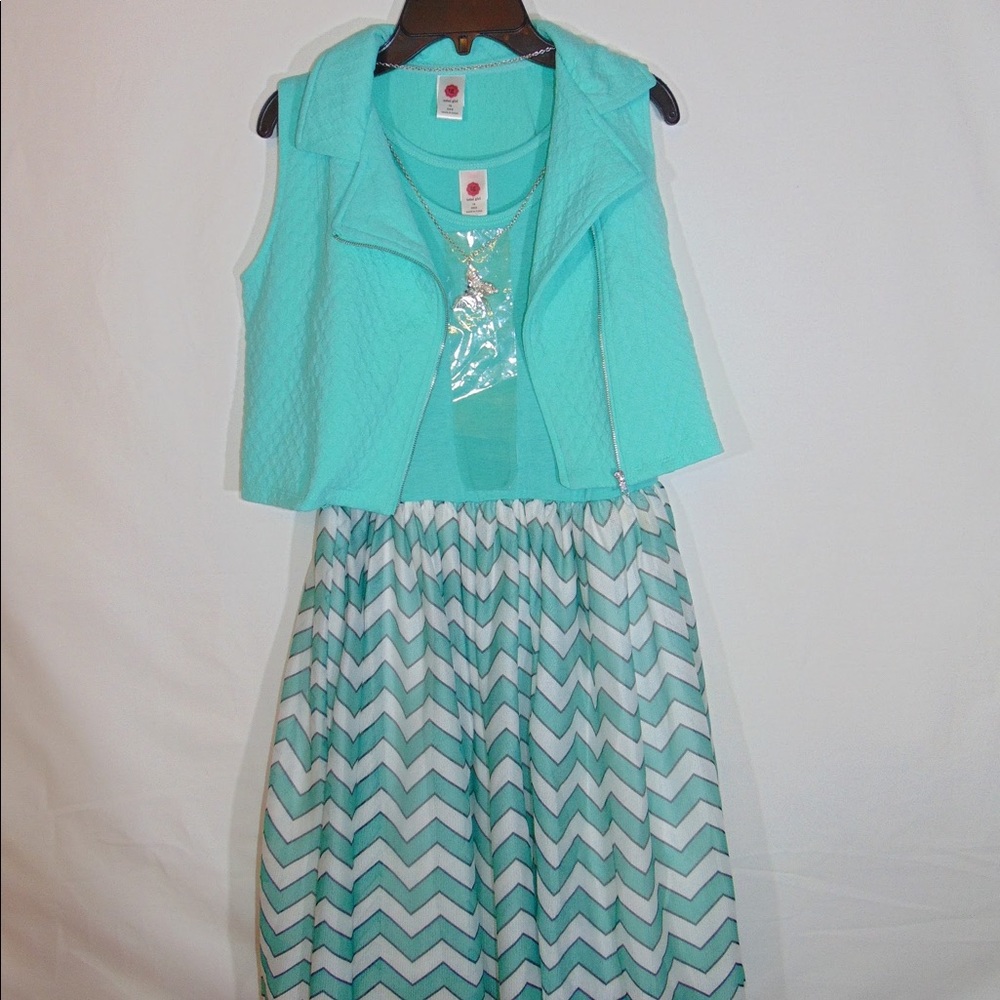 Mint Chevron Girls Dress with Vest